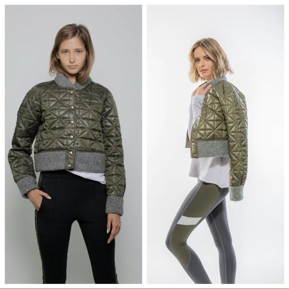 GARBE LUXE Catherine Puffer Cropped Quilted Jacket Size L Army Green - Picture 3 of 13